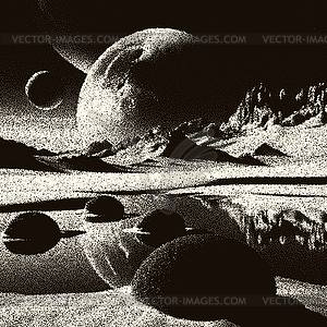 Alien planet landscape in retro dotwork style. - vector image