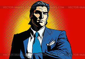 Confident businessman in comics style looking at - vector clipart