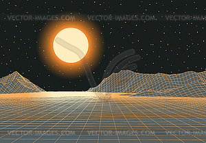 Retro futuristic landscape with mountains and sun i - vector image