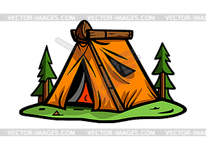 Camping tent emblem with pine trees. Camping sign - vector clip art