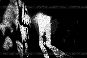 Ancient ruins in sci-fi scene with dotwork retro - vector clipart