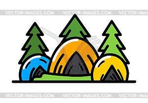 Эмблема кемпинговой палатки с соснами. Знак кемпинга - рисунок в векторе