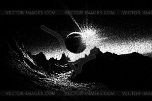 Alien planet landscape in retro dotwork style. - vector clipart