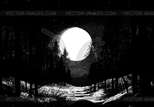 Dark forest landscape with full moon in retro - vector clip art