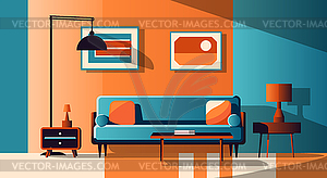 Comfortable room with couch and pillows. Interior - vector clipart