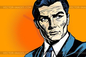 Confident businessman in comics style looking at - vector clip art