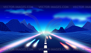 Неоновая дорога в горах в стиле синтвейв. 80 - е годы - клипарт