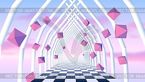 Vaporwave corridor of pillars with flying 3D donut - color vector clipart