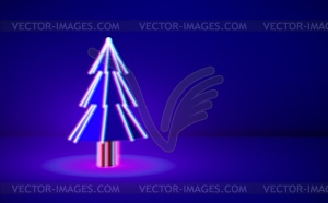 Christmas tree with neon lights in blue 3D room wit - vector image