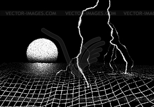 Космический пейзаж с ударом молнии в стиле ретро - векторный клипарт EPS