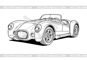 Abstract retro sports car in black and white ink - vector clip art