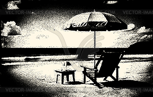 Beach landscape with deck chair and umbrella. - vector image