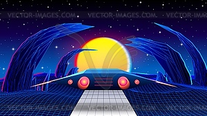 Spaceship flying over alien planet with ancient - vector clip art
