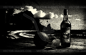 Bottle with fruit water or alcohol in sand of beach - vector clipart
