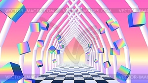 Vaporwave corridor of pillars with flying 3D cube - vector EPS clipart