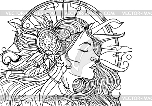 Beautiful woman drawing with ancient ornament in - royalty-free vector image