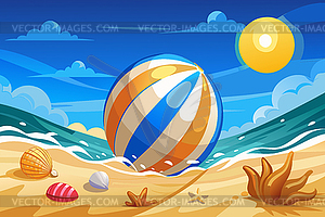 Summer cartoon scene with beach ball, sun and sea. - vector image