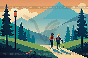 Hiking adventure scene in flat style. Hiker - vector clipart