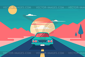 Cartoon car driving down road to horizon and - vector clipart