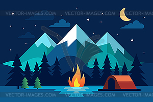 Summer night camping scene with bonfire in forest. - vector clip art