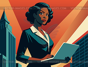 Powerful black business woman with laptop, in - vector clipart