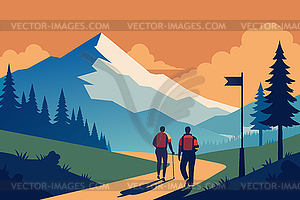 Hiking adventure scene in flat style. Hiker - vector image