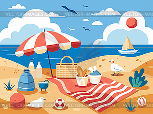 Summer picnic on beach with umbrella, blanket, and - vector image