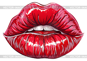 Red lips with shiny lipstick sign. Fashion and - vector clip art