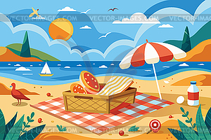 Summer picnic on beach with umbrella, blanket, and - vector image