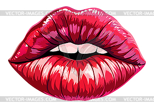 Red lips with shiny lipstick sign. Fashion and - vector clipart