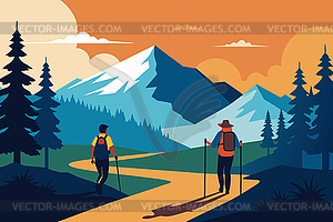 Hiking adventure scene in flat style. Hiker - vector image