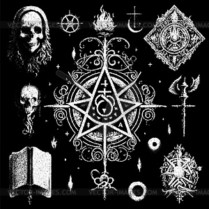 Occult symbols composition in dotwork style. - vector clipart