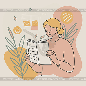 Drawing of woman character with checklist, marking - vector image