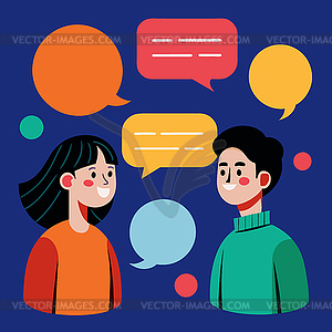 People having conversation with speech bubbles, fla - color vector clipart