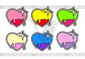 Heart stickers set in y2k style. Syrup liquid - vector image