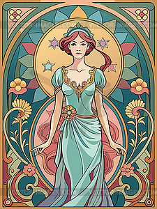 Art nouveau styled portrait of woman in floral fram - vector image