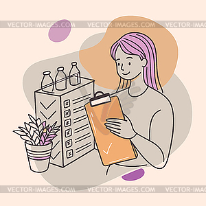 Drawing of woman character with checklist, marking - vector clip art
