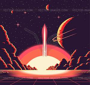Landscape with rocket launch and mountains, sci-fi - vector clipart