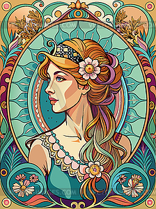 Art nouveau styled portrait of woman in floral fram - vector clip art