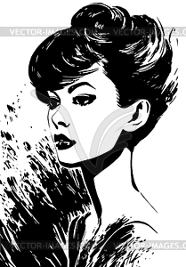 Woman portrait in hand drawing or engraving style. - vector clipart