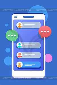 Phone messaging concept with speech bubbles on - color vector clipart