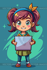 Cute little girl holding blank placard or poster. - vector clip art