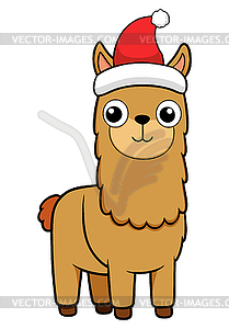 Christmas alpaca with red Santa hat, Winter - vector clipart