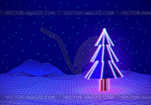 Christmas tree with neon lights on blue 3D - vector clipart