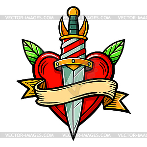 Red heart with dagger and ribbon, in style of - vector image