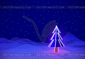 Christmas tree with neon lights on blue 3D - vector clipart