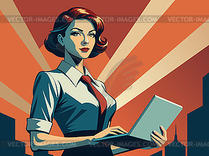Powerful business woman with laptop, in retro poste - stock vector clipart