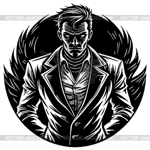 Dramatic black and white serious man with intense - vector clipart