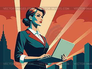 Powerful business woman with laptop, in retro poste - vector image