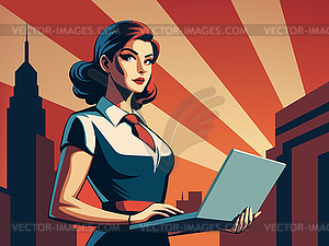Powerful business woman with laptop, in retro poste - vector image